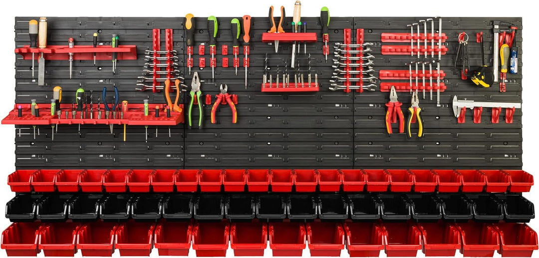 Lagersystem Werkstattregal | 172 x 78 cm | 53 stck. Box | Wandregal mit Werkzeughalterungen und Stap