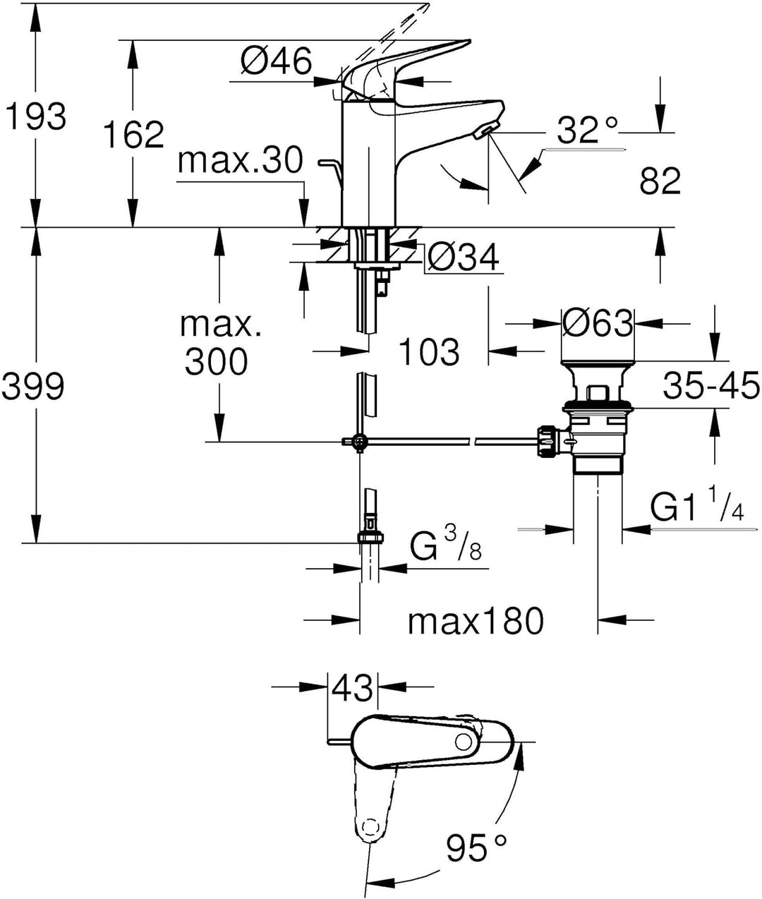 GROHE Swift - Waschtischarmatur (wassersparend, ~16cm hoch, Mittelstellung kalt, inkl. Montagewerkze