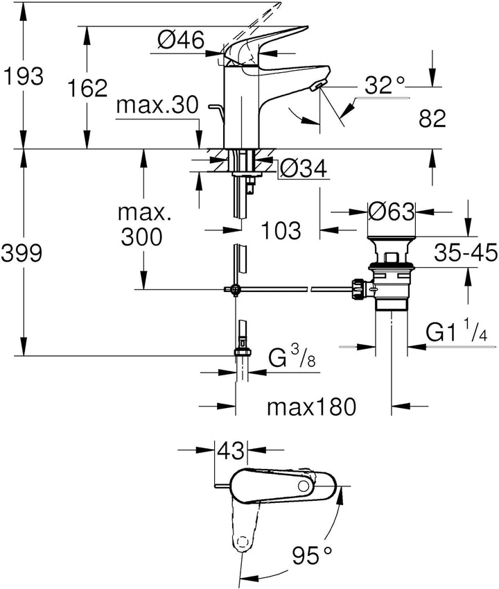 GROHE Swift - Waschtischarmatur (wassersparend, ~16cm hoch, Mittelstellung kalt, inkl. Montagewerkze