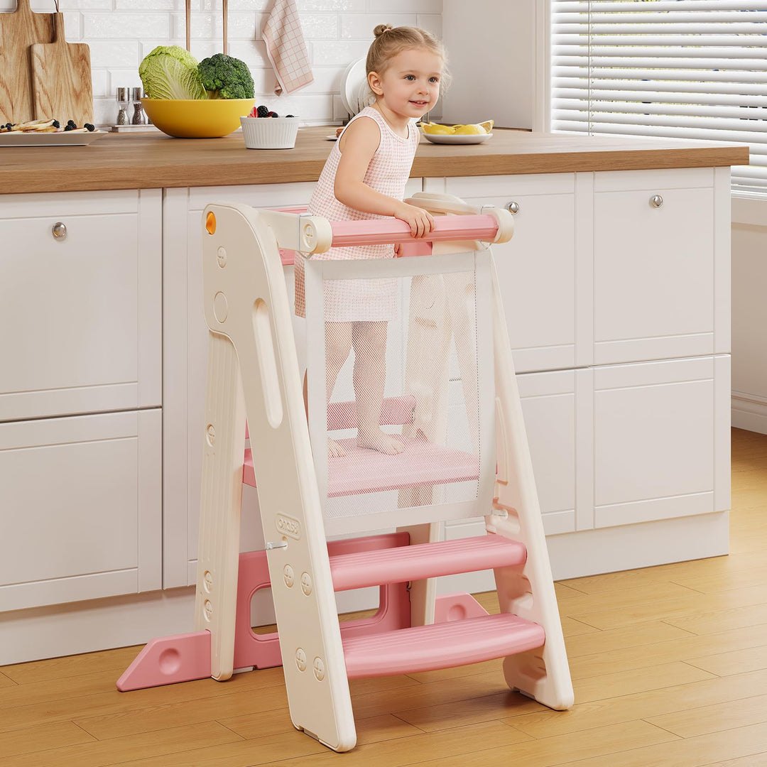 Onasti Lernturm für Kinder mit Sicherheitsgeländer, Lernturm Klappbar, Höhenverstellbar, Learning To