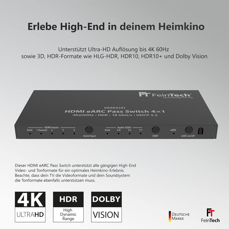 FeinTech VAX04101A HDMI eARC Pass Switch 4x1, für 3 HDMI-Quellen, Soundbar und TV Beamer 4K HDR Dolb