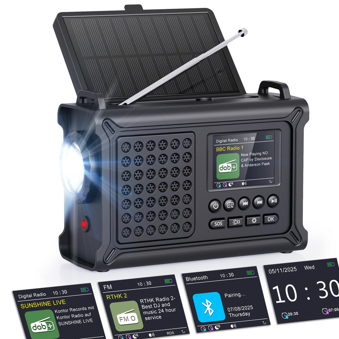 ROCAM Kurbelradio DAB+/UKW, Tragbare Notfallradio 12000mAh mit 8500mm² Solarpanel & 650mA Kurbel, Di