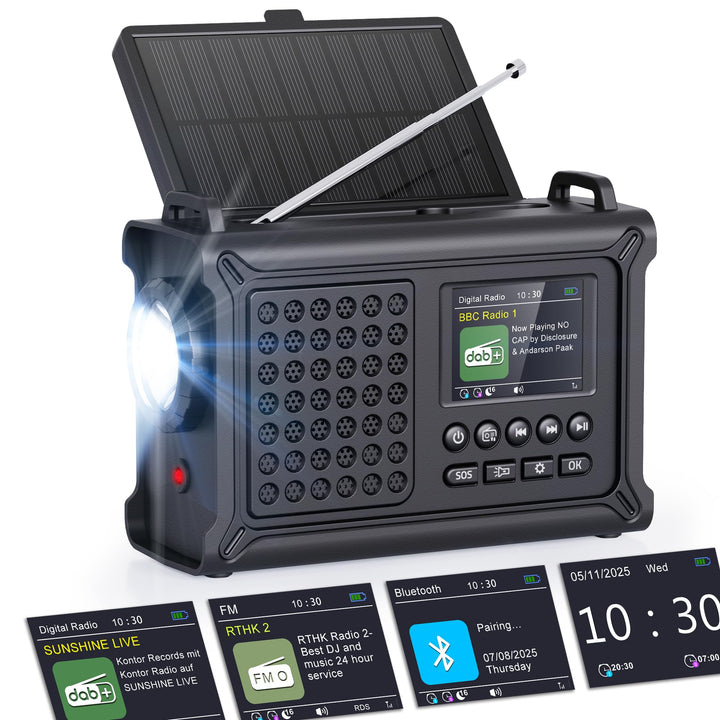 ROCAM Kurbelradio DAB+/UKW, Tragbare Notfallradio 12000mAh mit 8500mm² Solarpanel & 650mA Kurbel, Di