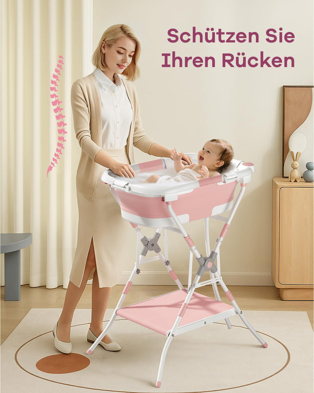 2-in-1 Baby Badewanne mit Gestell, Faltbare Badewanne Baby mit Badestütznetz, Geeignet für Neugebore