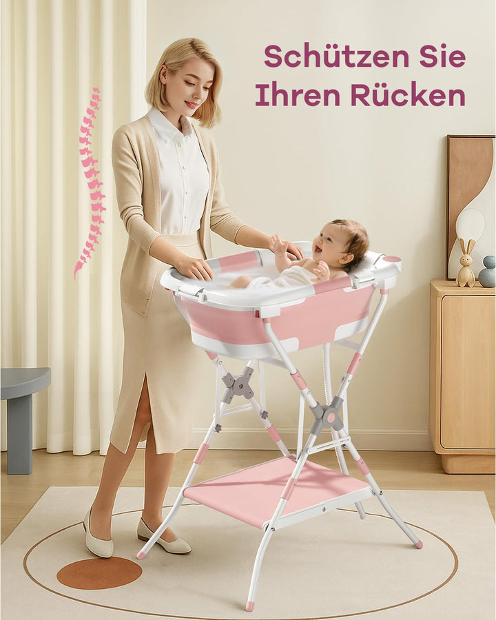 2-in-1 Baby Badewanne mit Gestell, Faltbare Badewanne Baby mit Badestütznetz, Geeignet für Neugebore