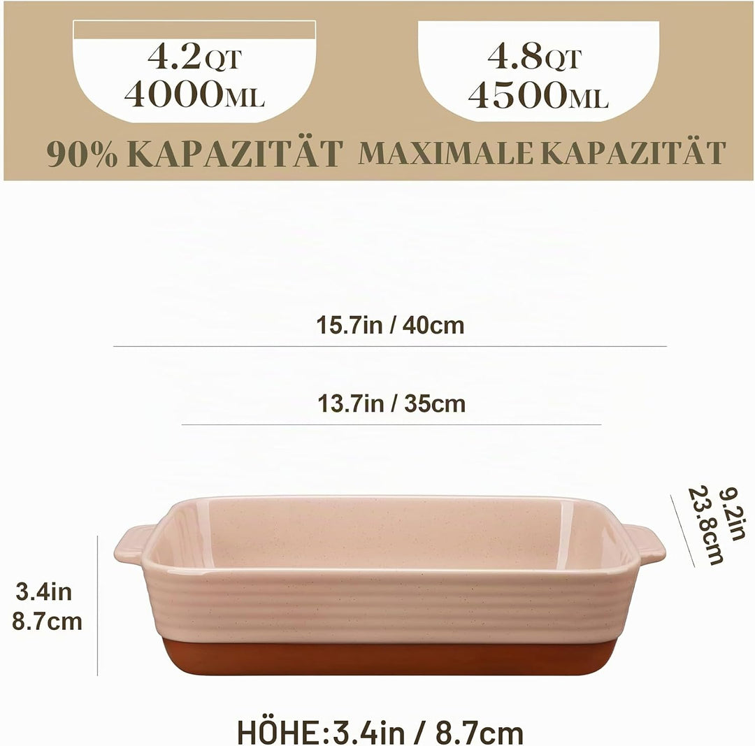 MALACASA, Serie TARA, Rosa Auflaufform Gross, 4.5L Backformen, Auflaufformen rechteckig aus Steingut