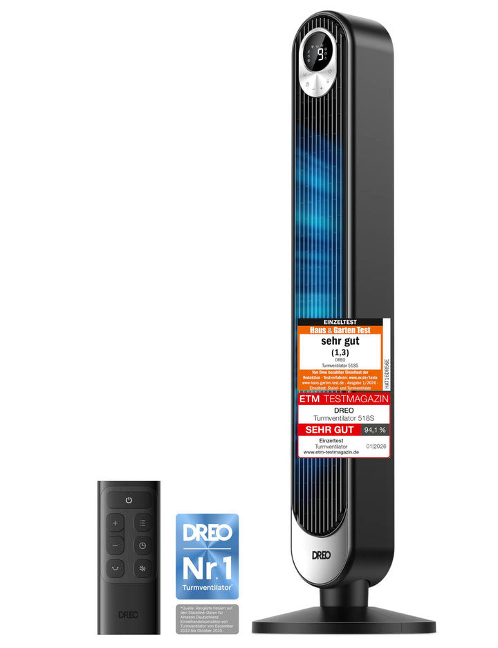 Dreo Turmventilator mit Fernbedienung, 7.3m/s Standventilator mit 6 Geschwindigkeiten, 90° oszillier