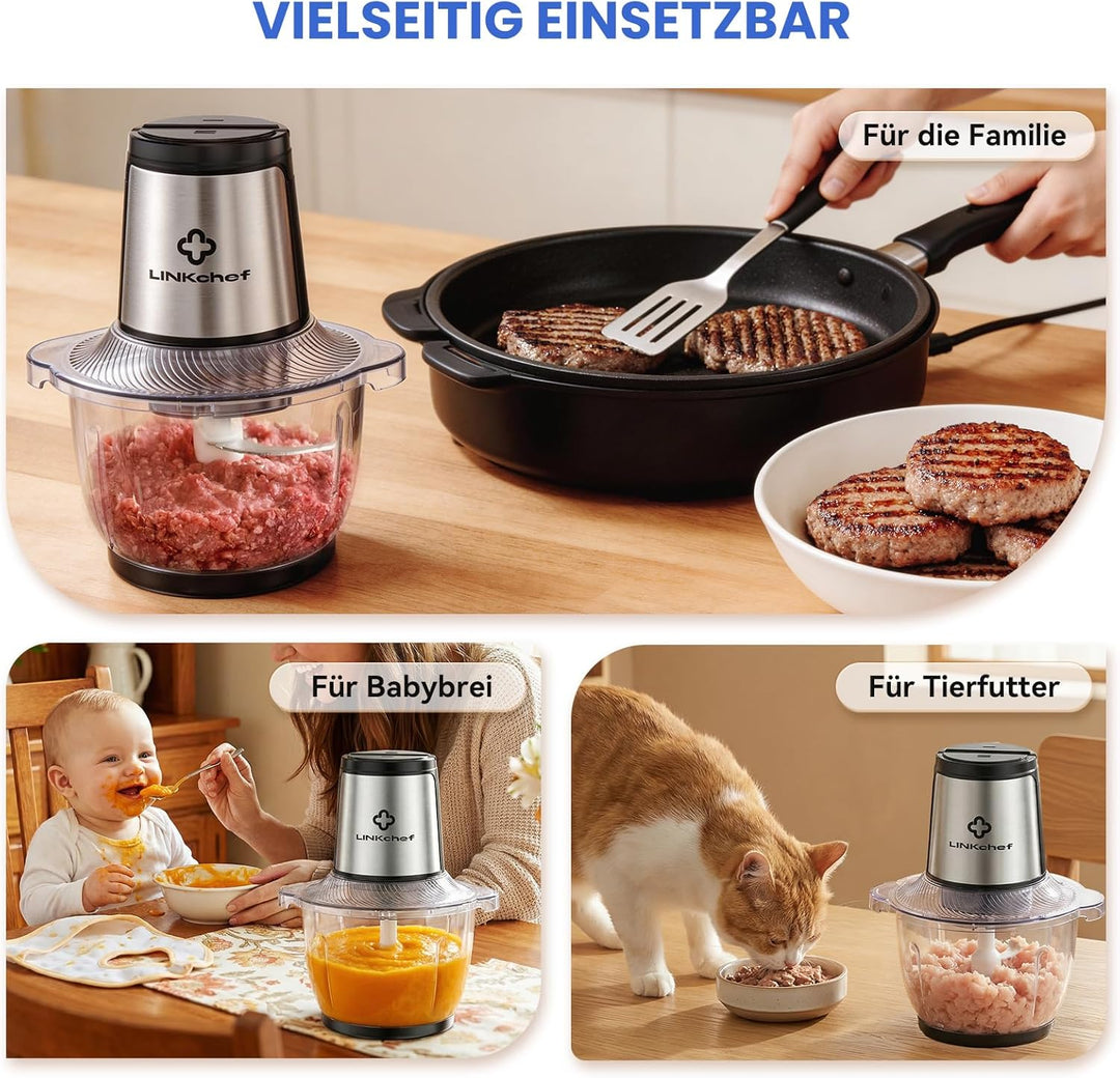 LINKChef Zerkleinerer Elektrisch 1,5L Glasbehälter, 2 Stufen, 3 Edelstahlklingen – Universalzerklein