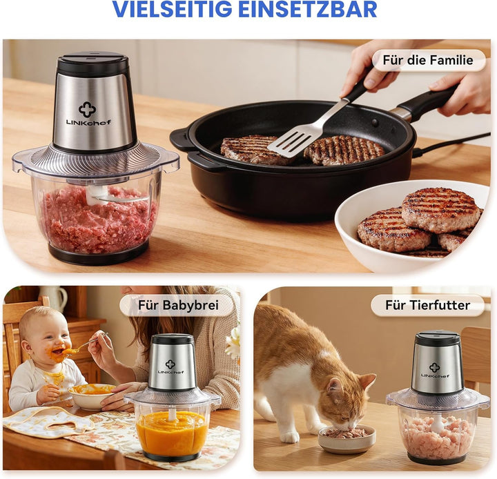 LINKChef Zerkleinerer Elektrisch 1,5L Glasbehälter, 2 Stufen, 3 Edelstahlklingen – Universalzerklein
