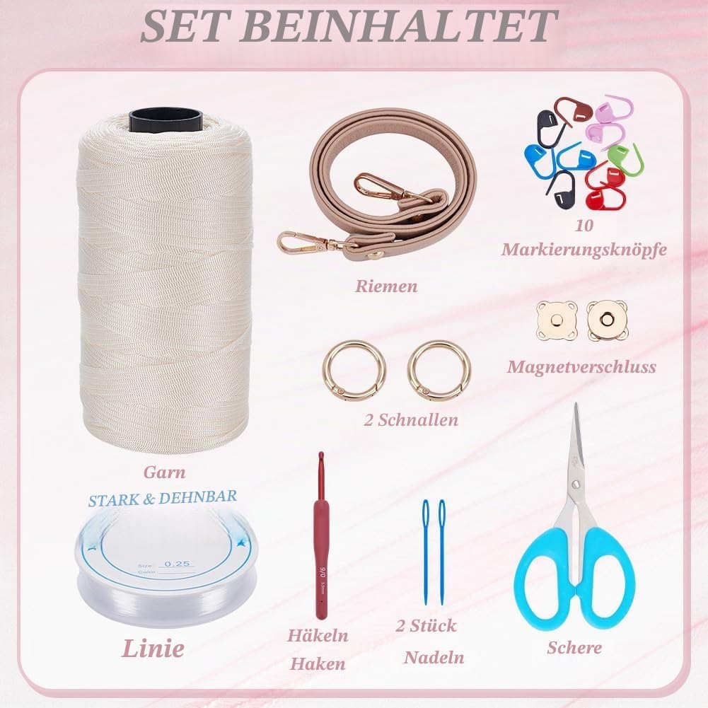 FREEBLOSS Herstellung von Häkeltaschen Häkel Starter Set Mit Video Tutorial Griff Aus PU Leder Handg