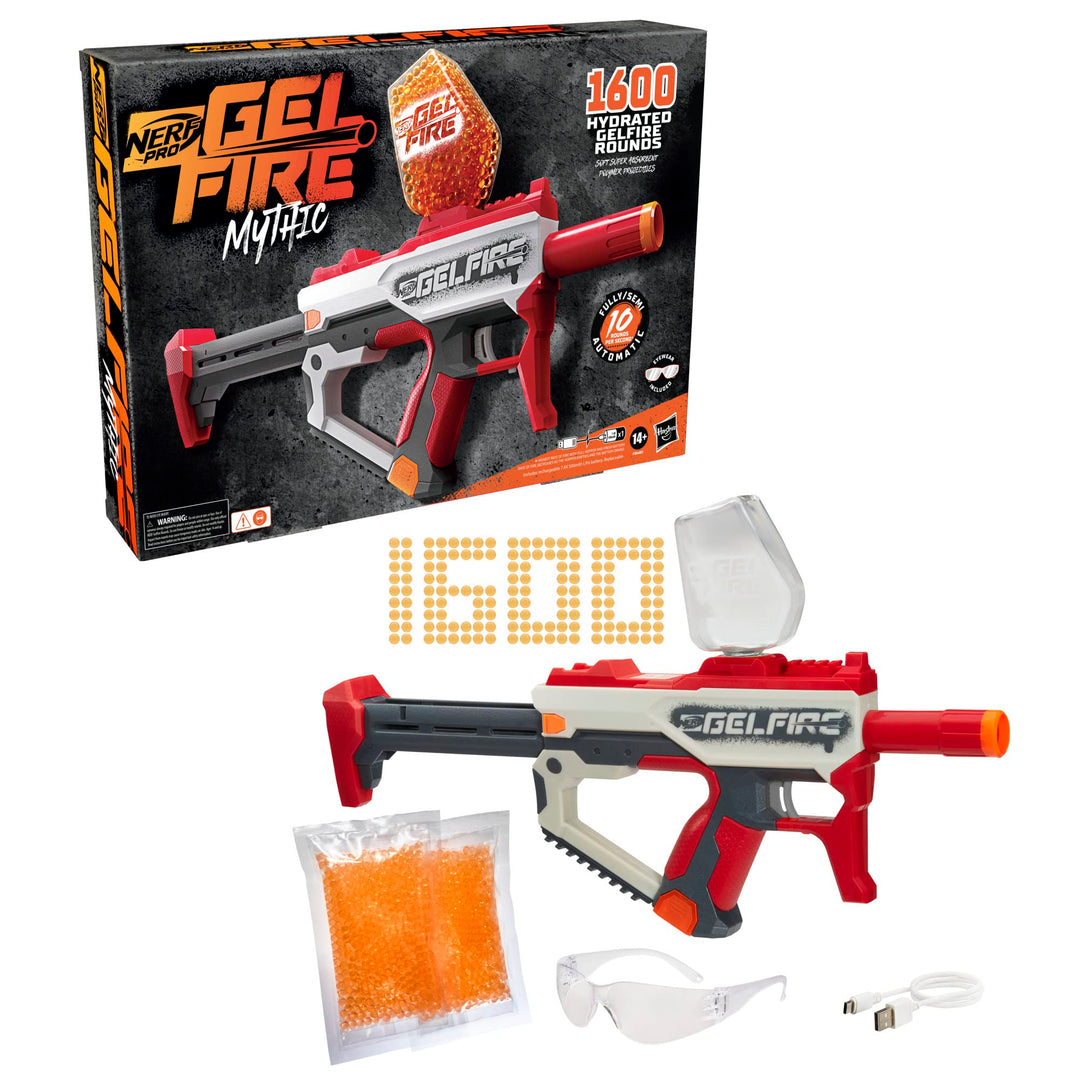 Nerf Pro Gelfire Mythic Blaster, 1.600 Gelfire Runden, Trichter, Akku, Brille