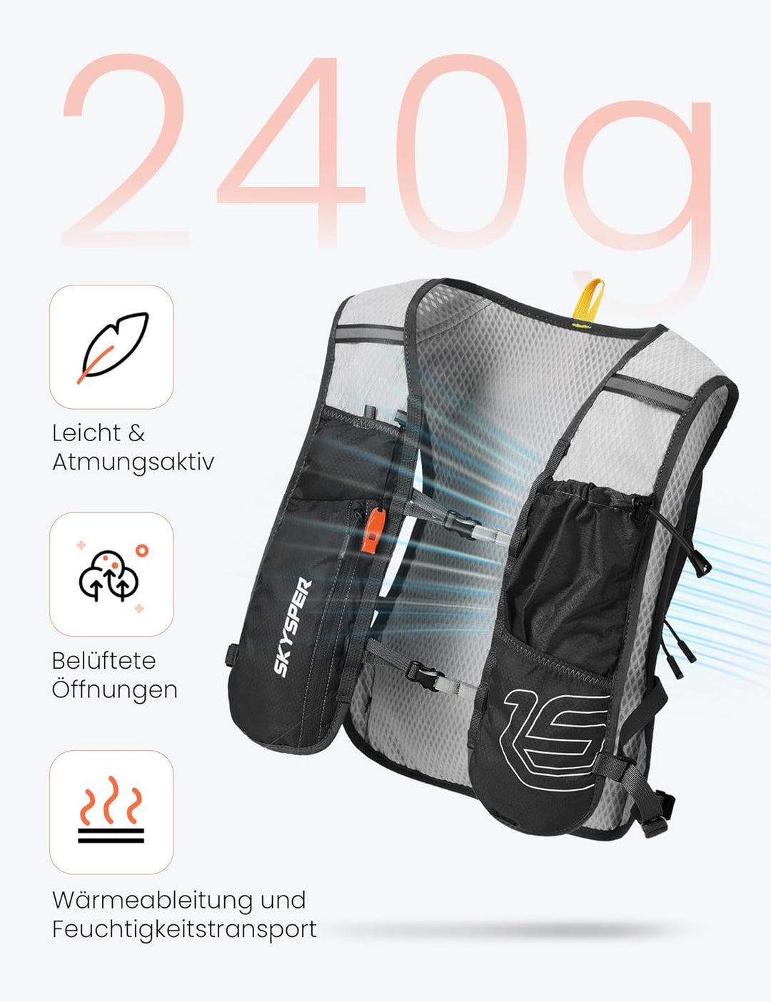 SKYSPER Laufweste für Damen Herren 12L Laufrucksack mit 500ml Trinkflasche Reflektierende Trinkweste