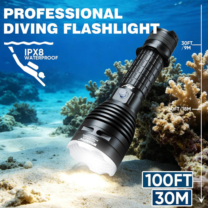 WholeFire LED Tauchlampe IPX8 Wasserdichte 6000 Lumen Tauchen Taschenlampe 3 Modi Wiederaufladbare U