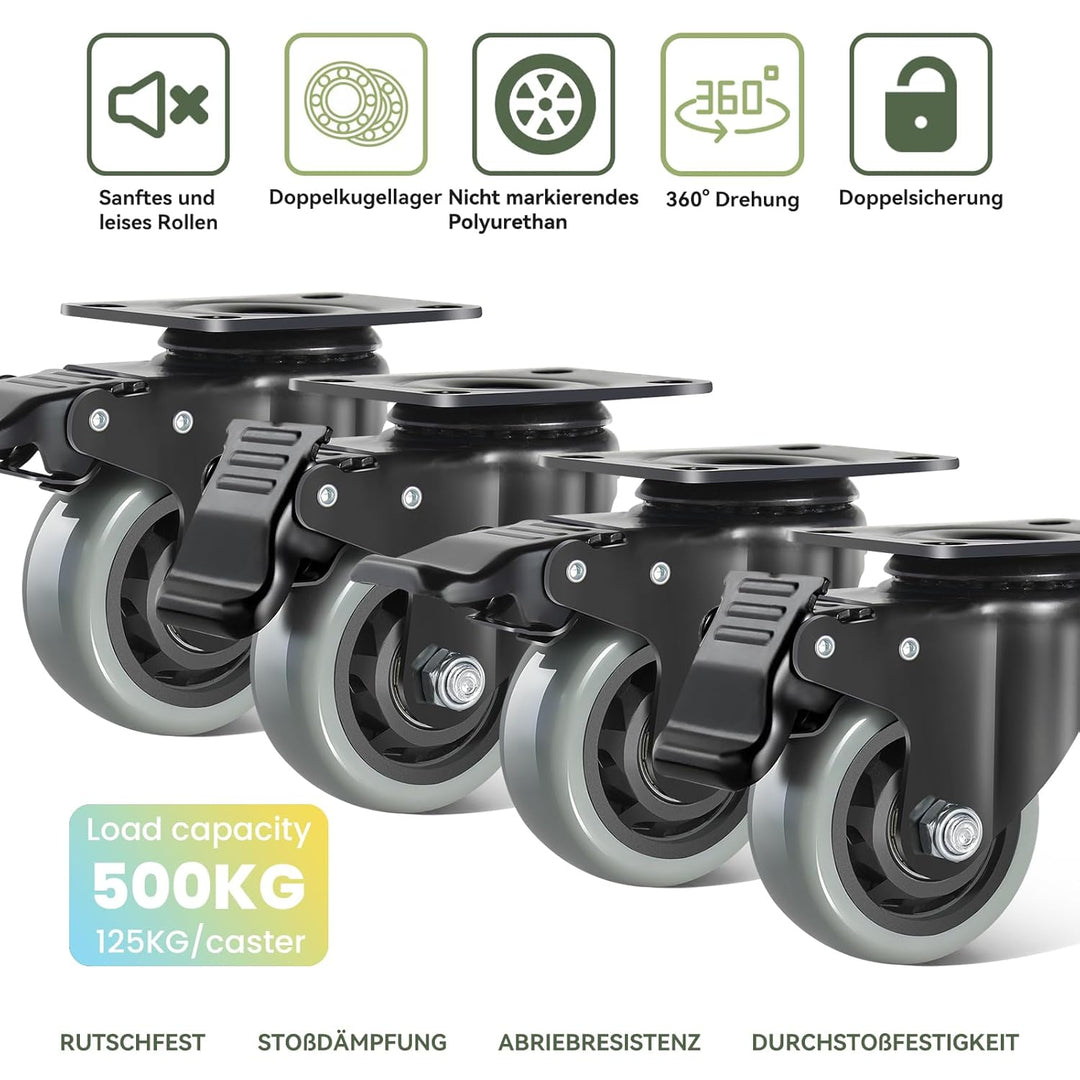 BAOLIHUI 75mm Graue Schwerlastrollen mit Bremse - Möbelrollent bis zu 500KG, 360° Beweglichkeit - 4e