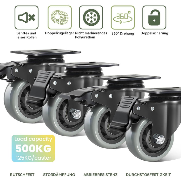 BAOLIHUI 75mm Graue Schwerlastrollen mit Bremse - Möbelrollent bis zu 500KG, 360° Beweglichkeit - 4e
