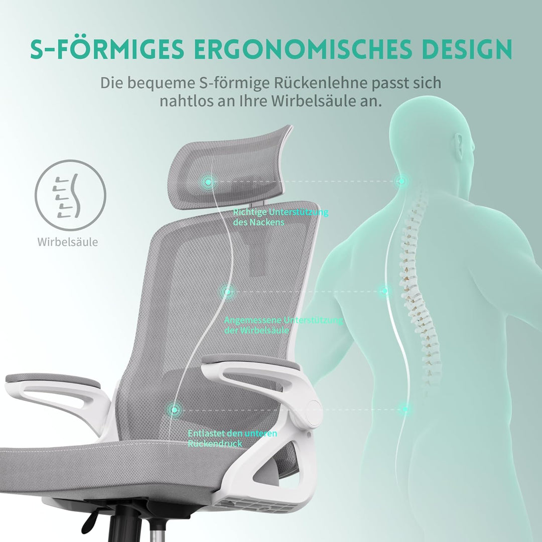 Bürostuhl Ergonomisch, S-förmiger Schreibtischstuhl mit Verstellbaren Armlehnen, Ergonomischer Büros