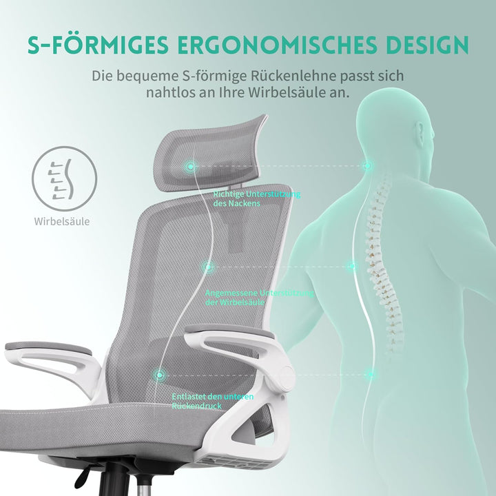 Bürostuhl Ergonomisch, S-förmiger Schreibtischstuhl mit Verstellbaren Armlehnen, Ergonomischer Büros