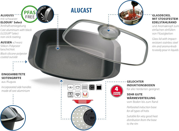 ELO Alucast Bräter 22cm mit Glasdeckel und Aromaknopf, ELODUR® Select Antihaftversiegelung, backofen