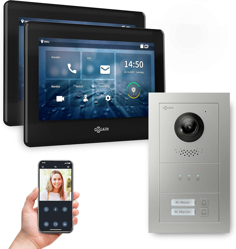 Goliath Hybrid | 2-Draht Bus | Full-HD Video Türsprechanlage | App | 2-Fam | 2 x Full-Touchscreen 7"