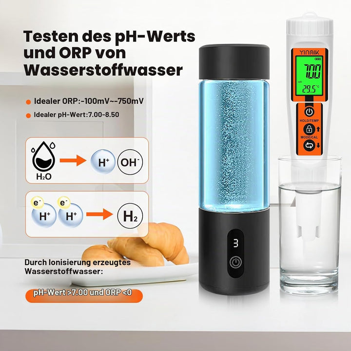 Wasserstoff Wassertester, YINMIK Wasserstoff Wasserflasche, Digitales 4 in 1 pH ORP Messgerät und Wa