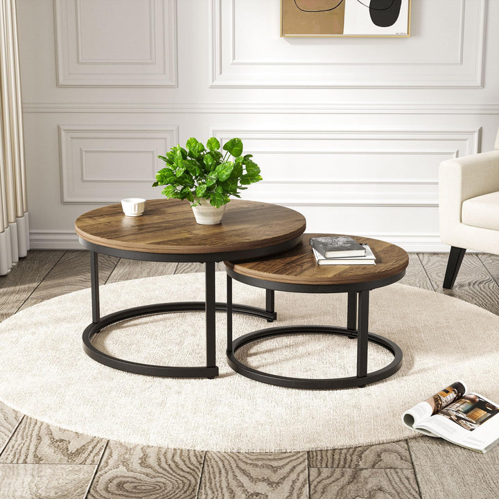 2 Stücke Beistelltisch Set rund, Couchtisch aus Holz mit Metallrahmen,Moderne Kaffeetische Satztisch