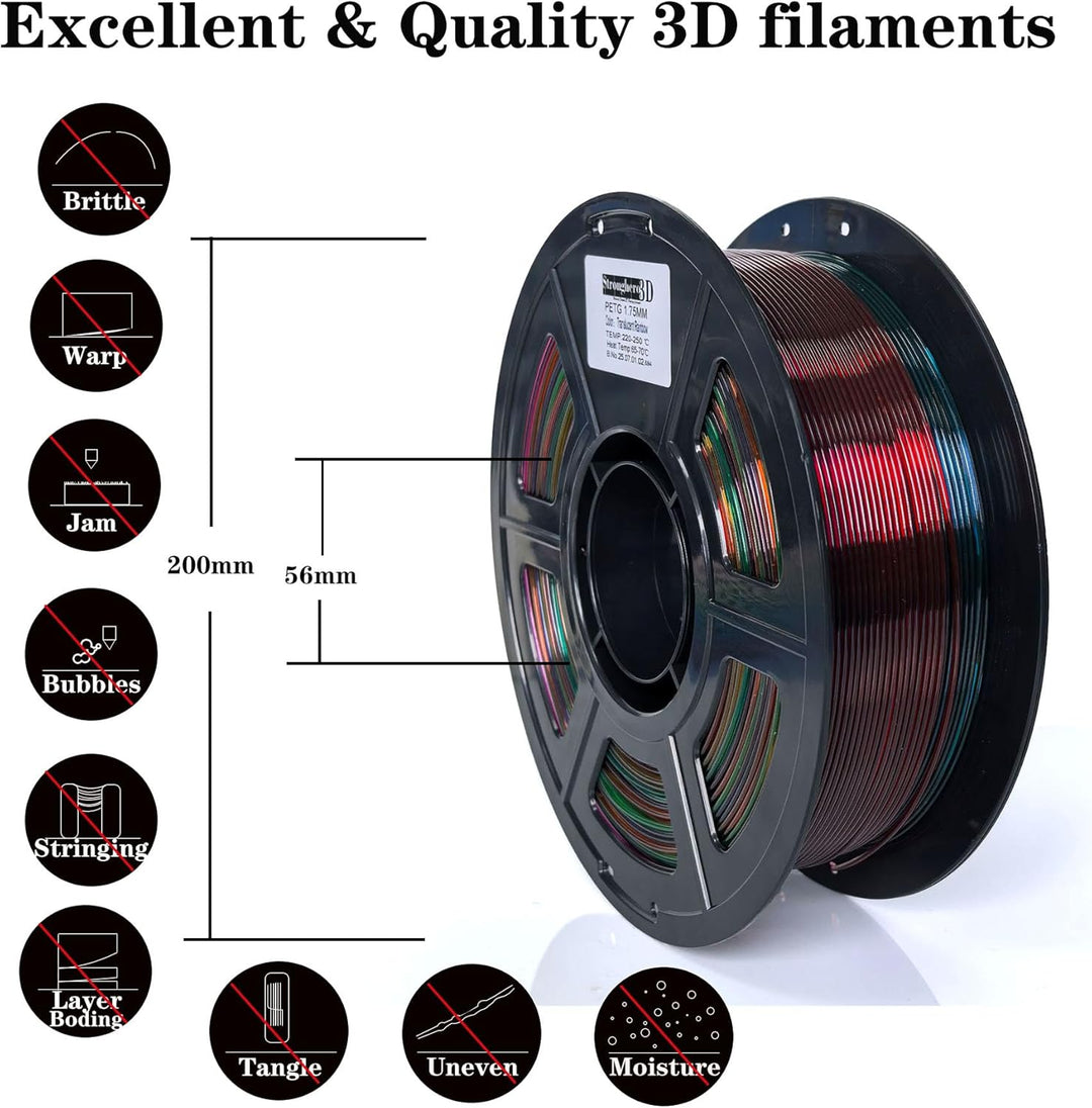 Stronghero3D PETG 3D Drucker Filament 1.75mm Mehrfarbig Translucent Regenbogen 1kg Genauigkeit +/- 0