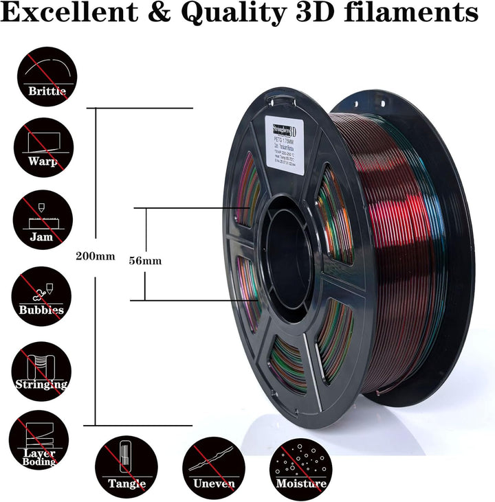 Stronghero3D PETG 3D Drucker Filament 1.75mm Mehrfarbig Translucent Regenbogen 1kg Genauigkeit +/- 0