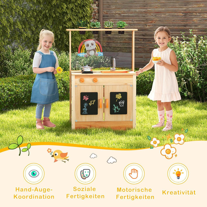 GOPLUS Matschküche Kinder, Spielküche Outdoor mit Pflanzentöpfen, Herdplatten, Abnehmbares Spülbecke