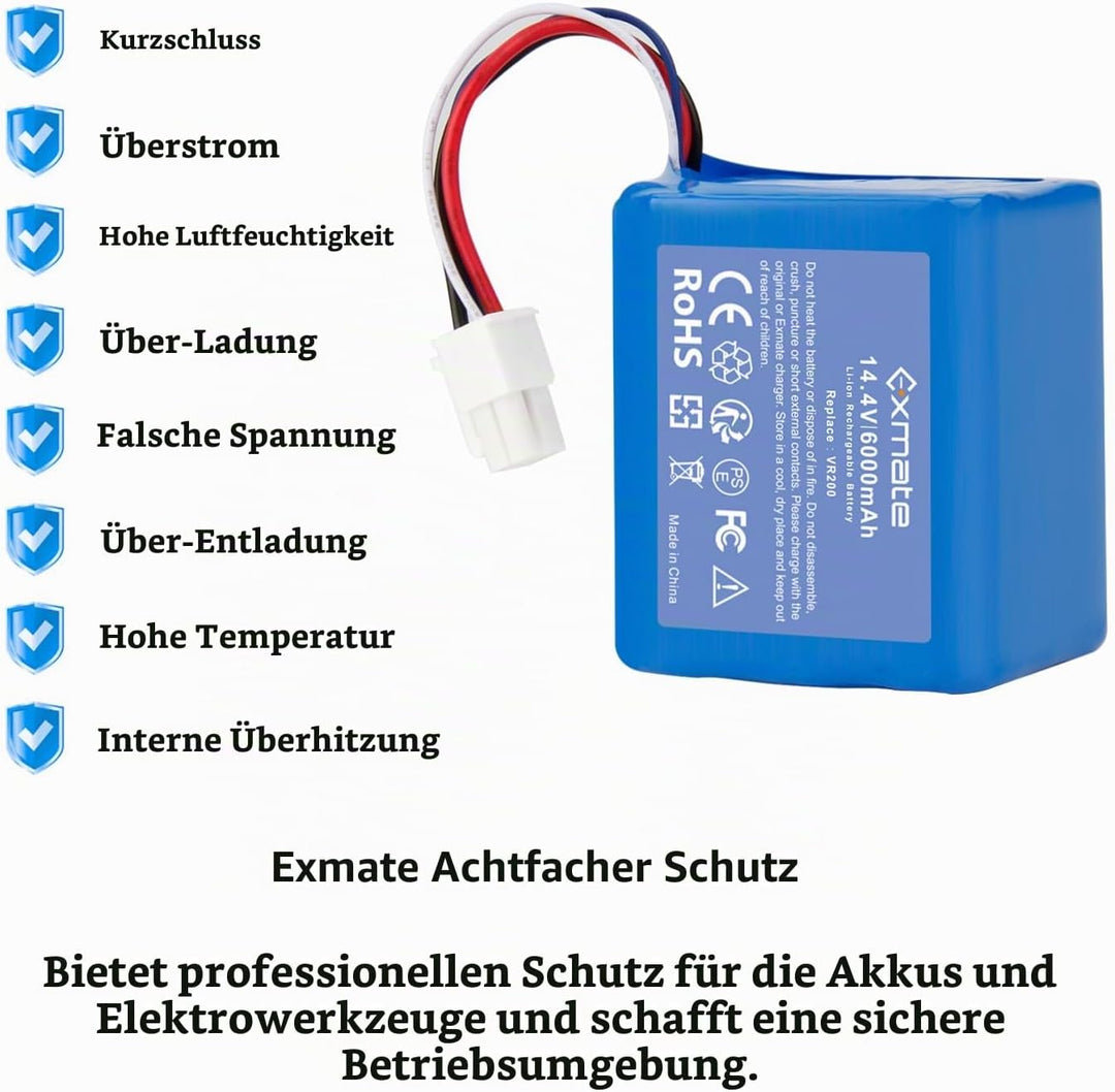 Exmate 14,4V 6000mAh Li-Ion Ersatzbatterien für Vorwerk Kobold VR200 Staubsauger Home Cleaner Heimro