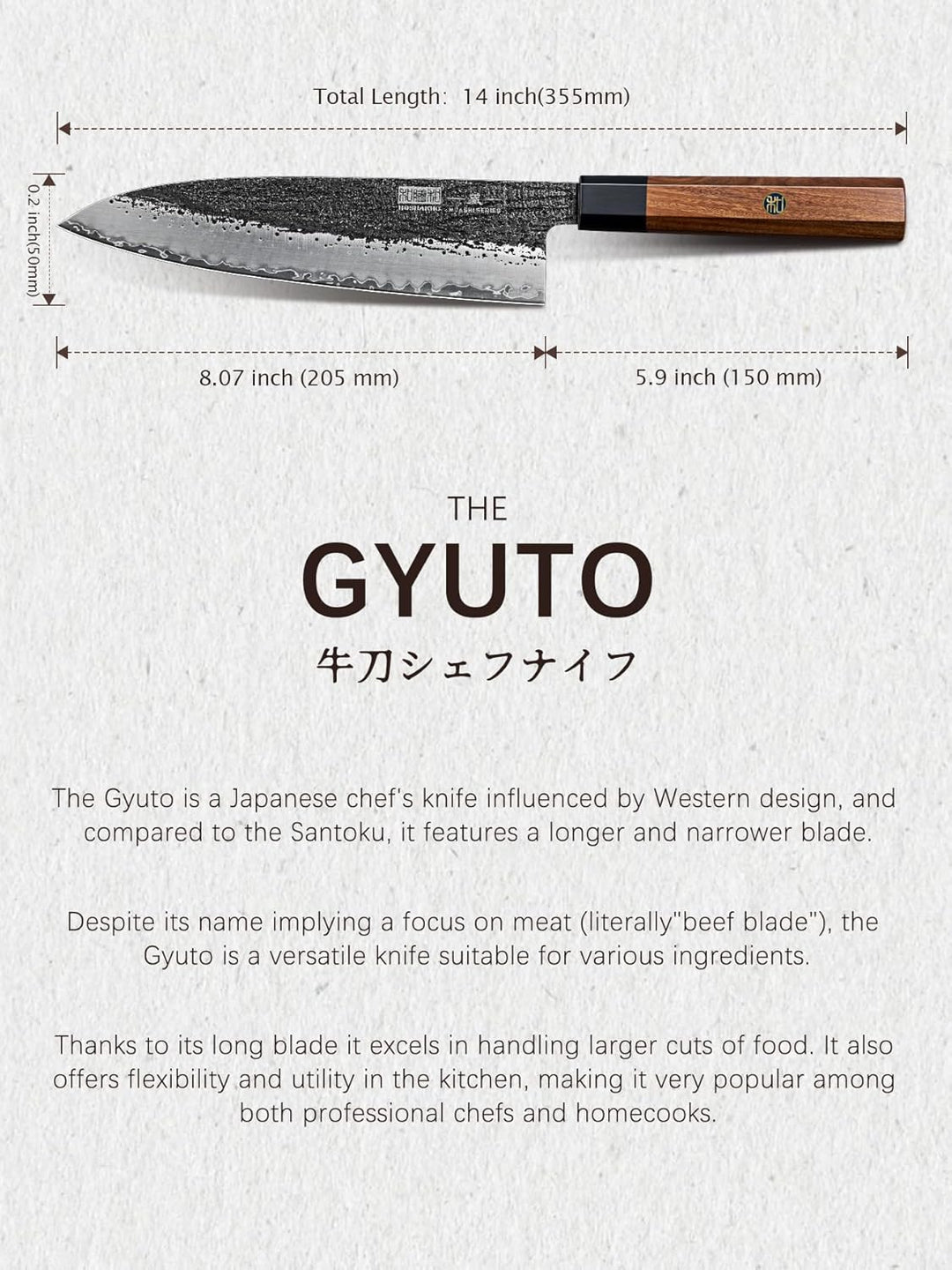 HOSHANHO 20cm Kochmesser, 9-Lagiges Küchenmesser Aus 10CR15MOV-Kohlenstoffstahl, Japanisches Gyuto K