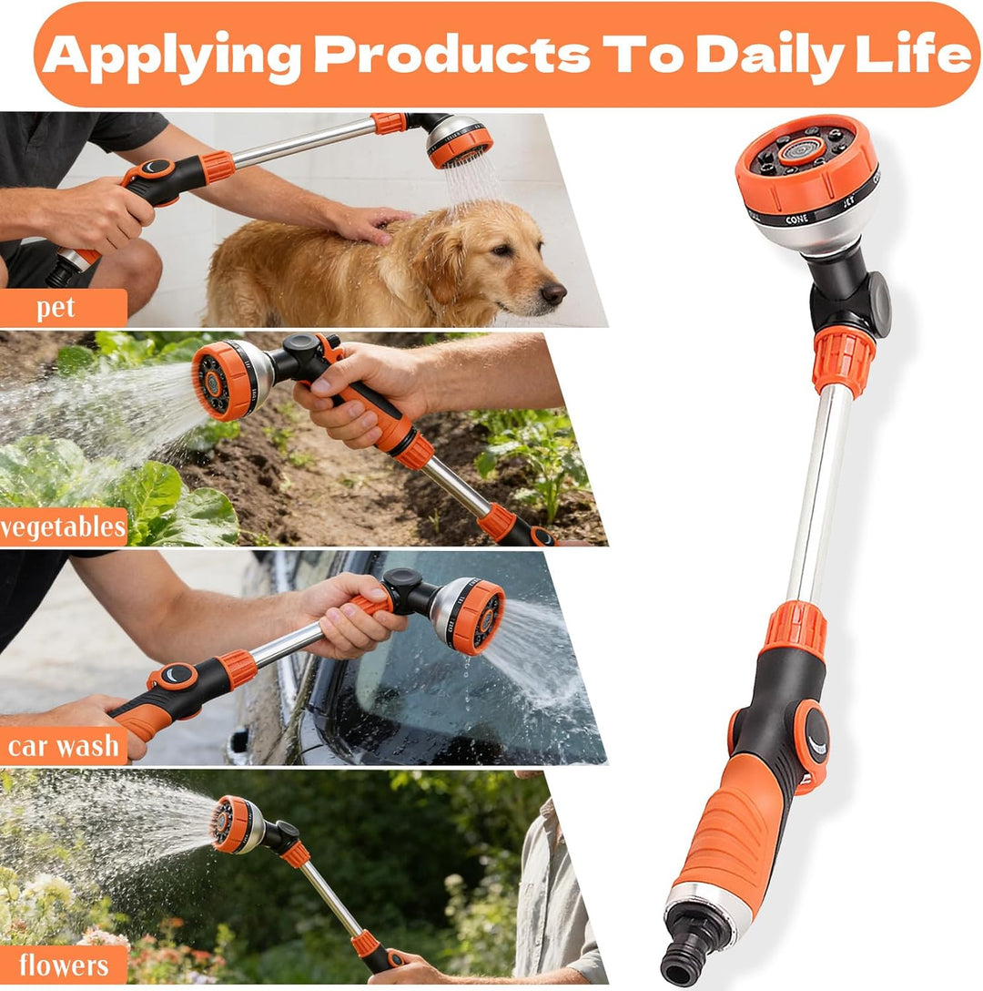 Idota Giessstab Lang 47CM Gartenbrause mit 180° Schwenkkopf 8 Sprühmustern für Garten, Beete (Orange