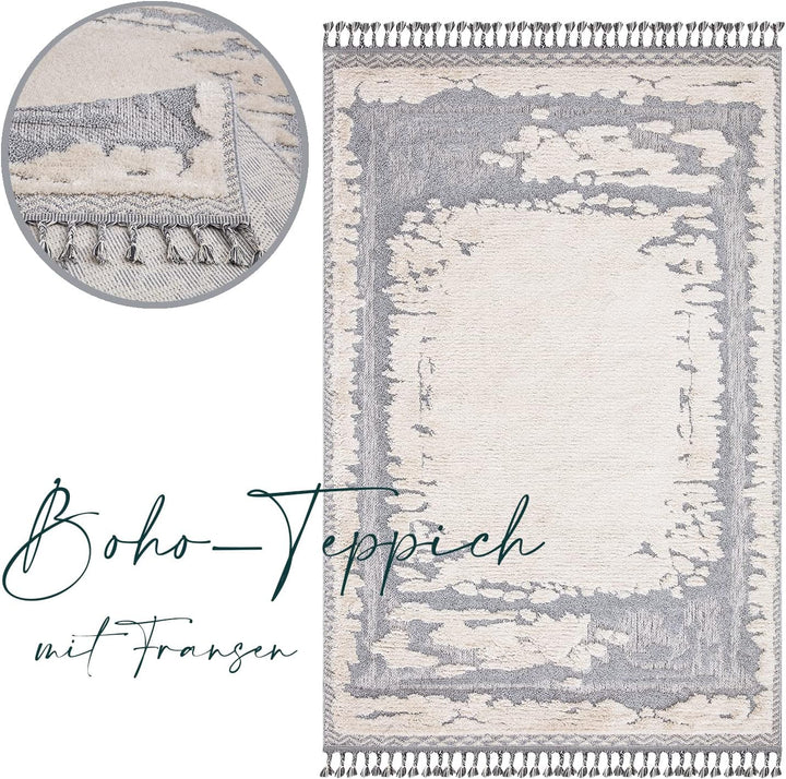 payé Teppich Wohnzimmer - Abstrak - 120x170cm - Creme Grau Blau - Fransen Deko Boho Flauschig - Cut