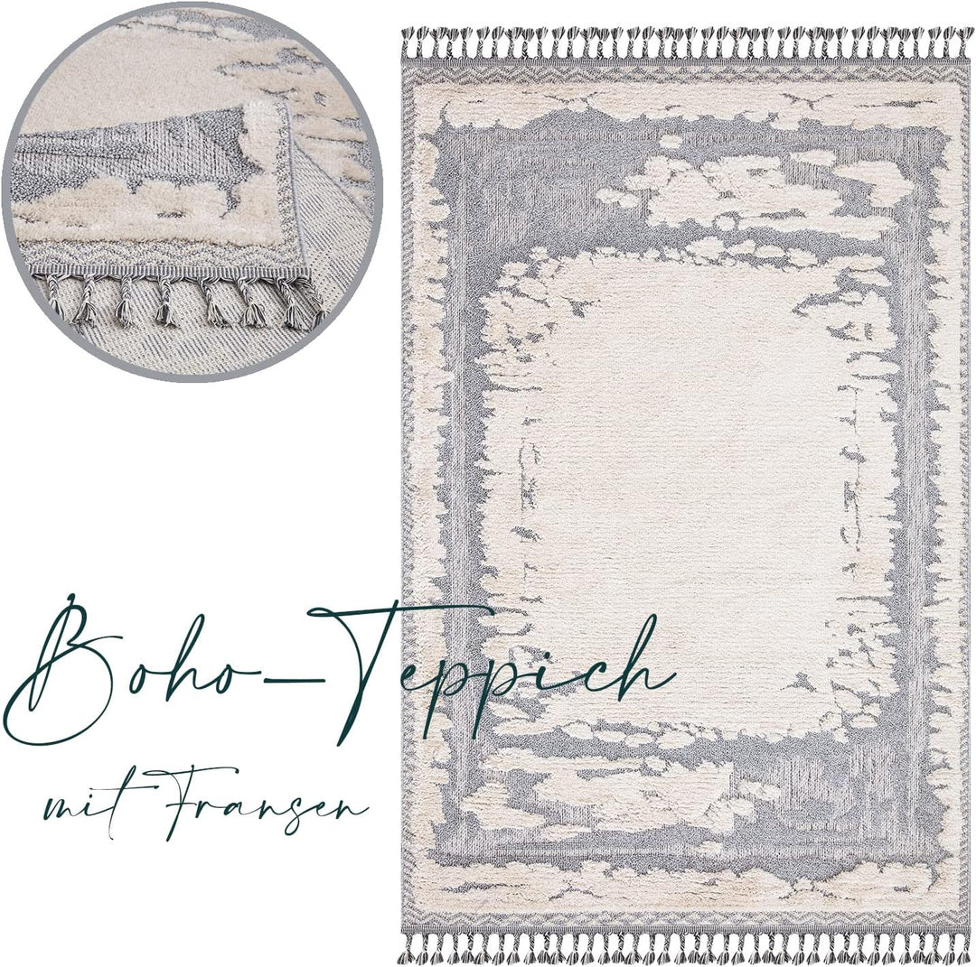 payé Teppich Wohnzimmer - Abstrak - 80x150cm - Creme Grau Blau - Fransen Deko Boho Flauschig - Cut &