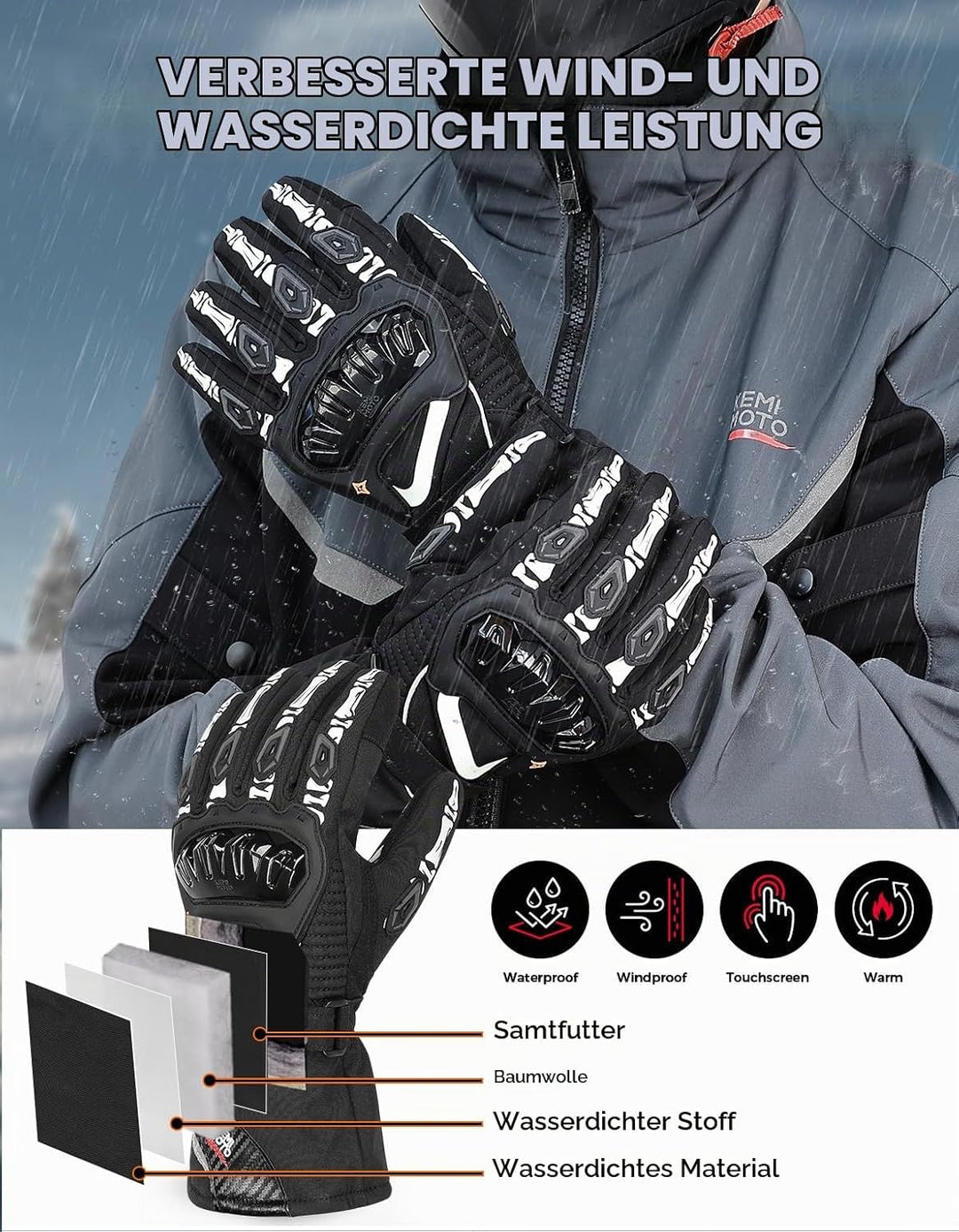 KEMIMOTO Winter Motorradhandschuhe, geprüfte Motorradhandschuhe,Motorrad Handschuhe Winter, Touchscr