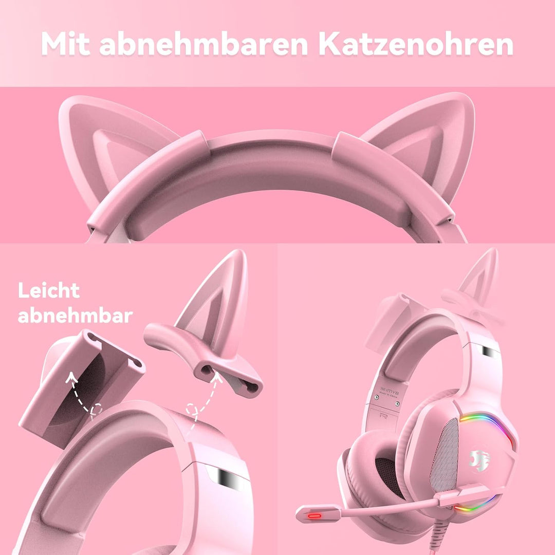 Gaming Headset mit Katzenohren abnehmbaren, RGB-Licht, Stereo Surround Noise Cancelling, Mikrofon fü