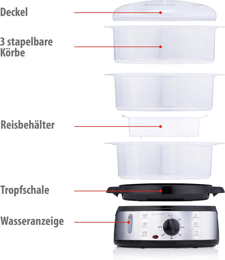 alpina Dampfgarer Elektrisch 800W - 3 Schicht Dampfgarer Baby BPA Frei - Reiskocher Spülmaschinenfes