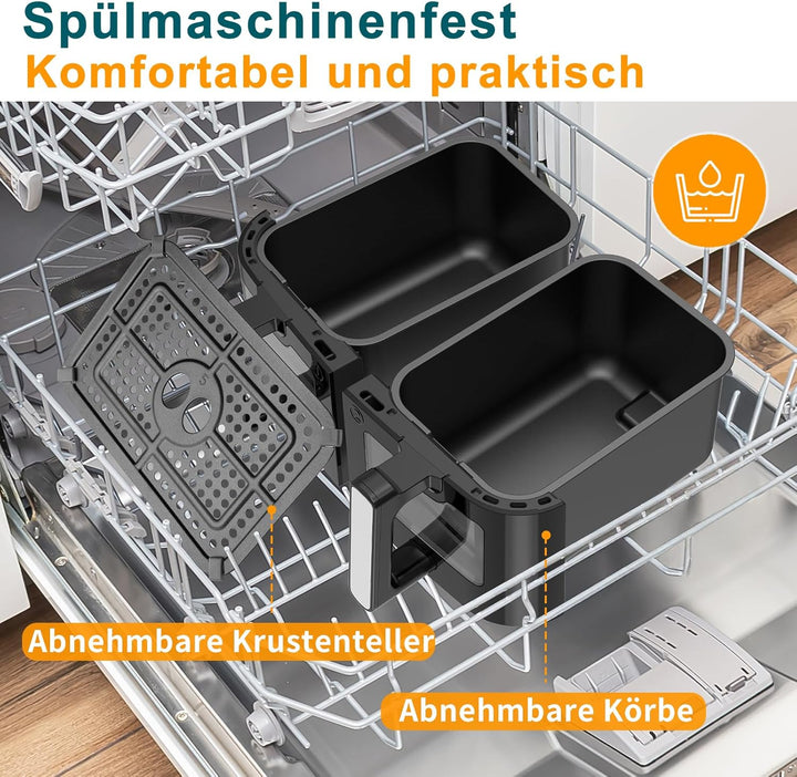 Heissluftfritteuse 2 Kammern mit Sichtfenster, 10L XXL Kapazität Doppel-Airfryer, 8-in-1 Kochvorgabe