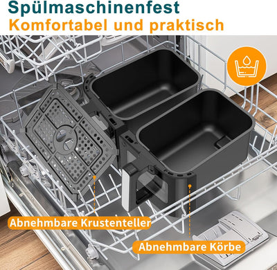 Heissluftfritteuse 2 Kammern mit Sichtfenster, 10L XXL Kapazität Doppel-Airfryer, 8-in-1 Kochvorgabe