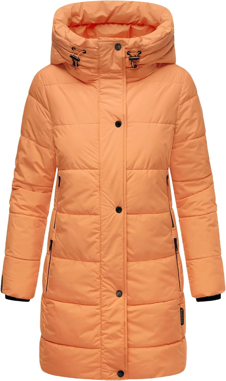 MARIKOO Damen Wintermantel Warmer Steppmantel lang mit Kapuze und hohem Kragen Karumikoo XVI XS-3XL