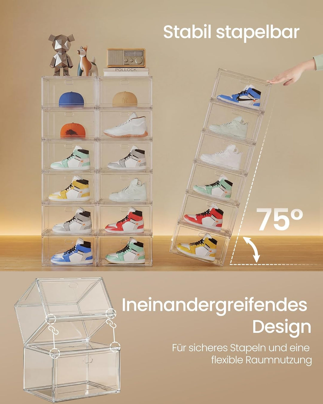 SONGMICS Schuhboxen stapelbar transparent, Schuh-Organizer, Schuhaufbewahrung, für Schuhe bis Grösse