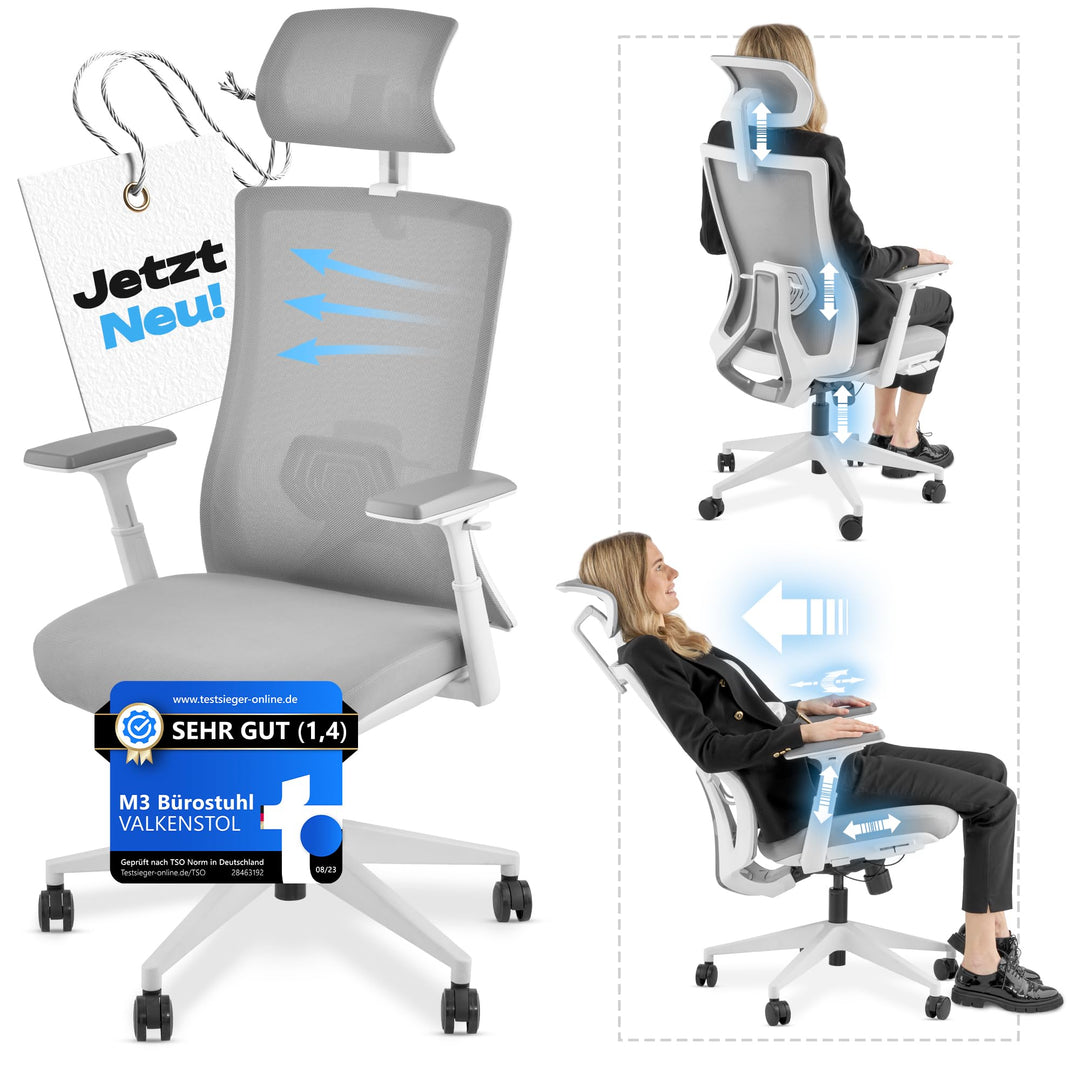 VALKENSTOL M3 Pro Ergonomischer Bürostuhl 150 kg Grau – [Höhenverstellbare Lordosenstütze] Schreibti