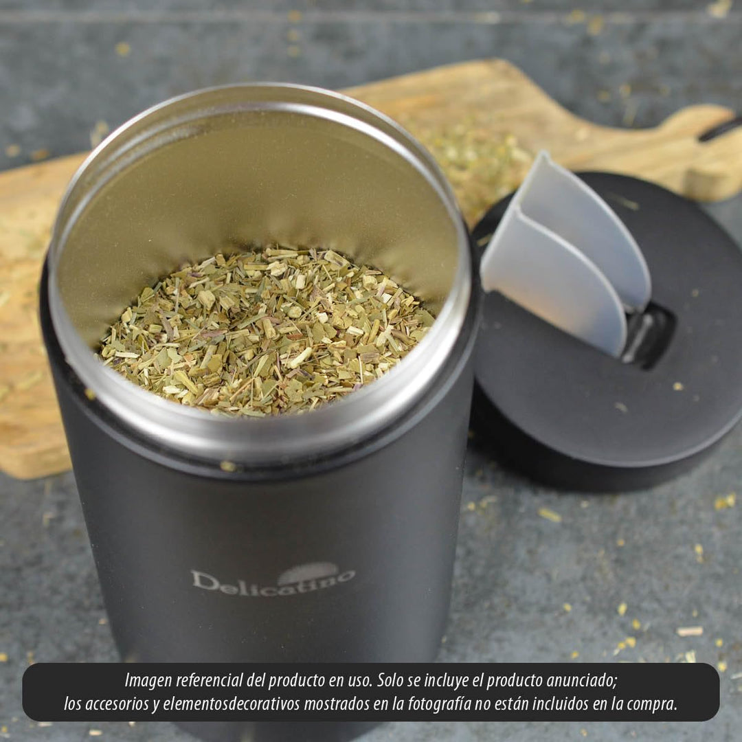 Delicatino - Yerbera Vorratsdose für Mate-Tee | Mit Praktischem Ausgiesser | Edelstahl in Schwarz.