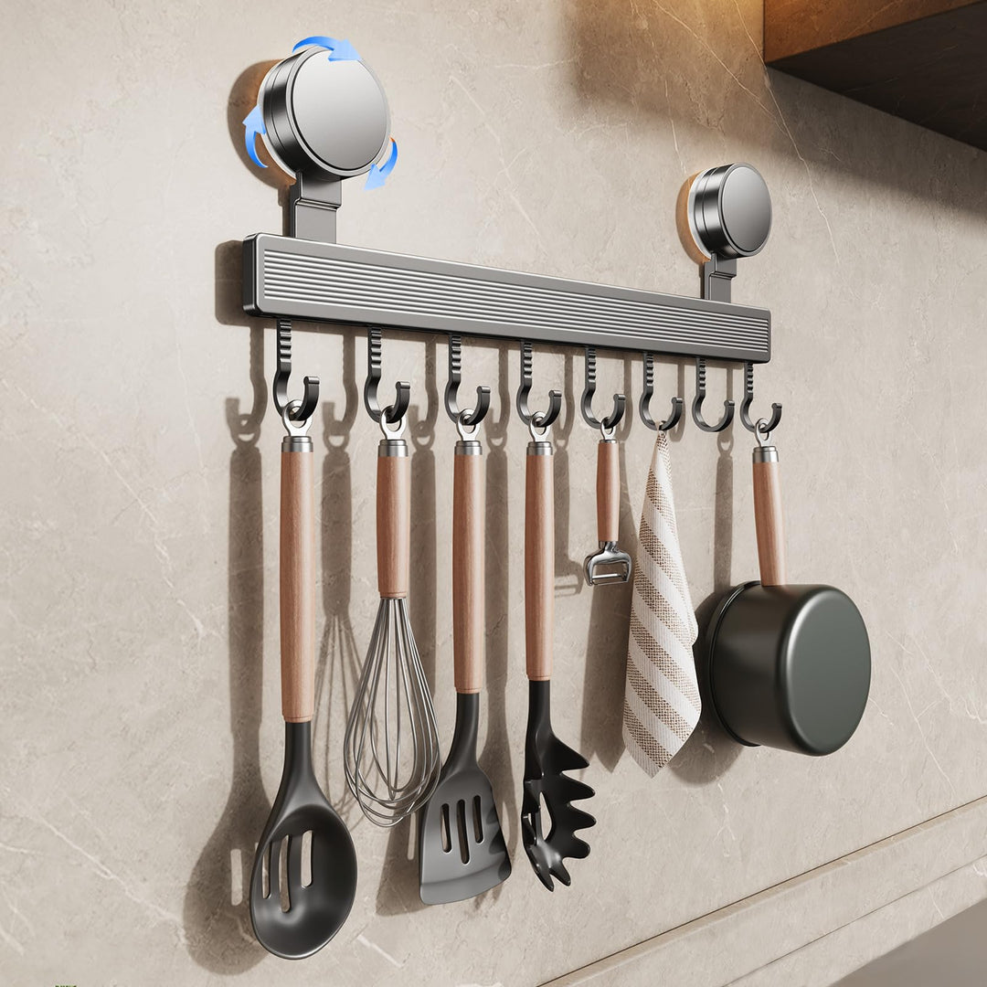 Hakenleiste Küche ohne Bohren mit Saugnapf | 8 Haken, 40 cm lang, 20 kg Tragfähigkeit, 1-Minuten-Ins