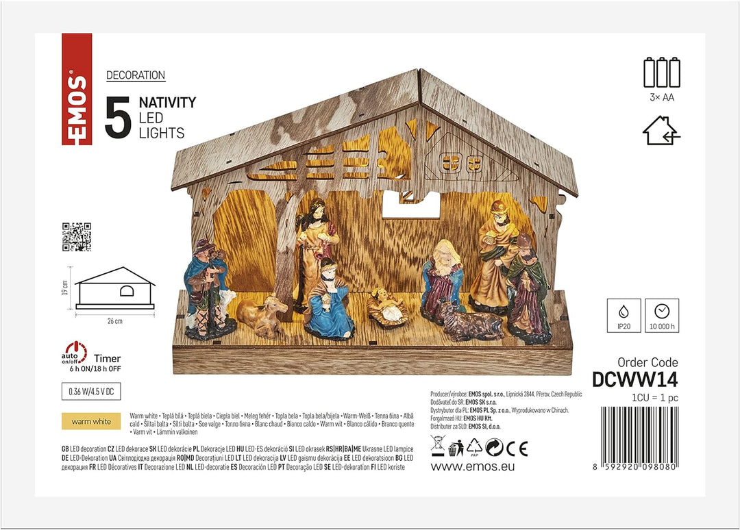 EMOS Weihnachtskrippe mit handbemalten Figuren, Weihnachtsdekoration mit 5 LEDs, warmweisses Licht,