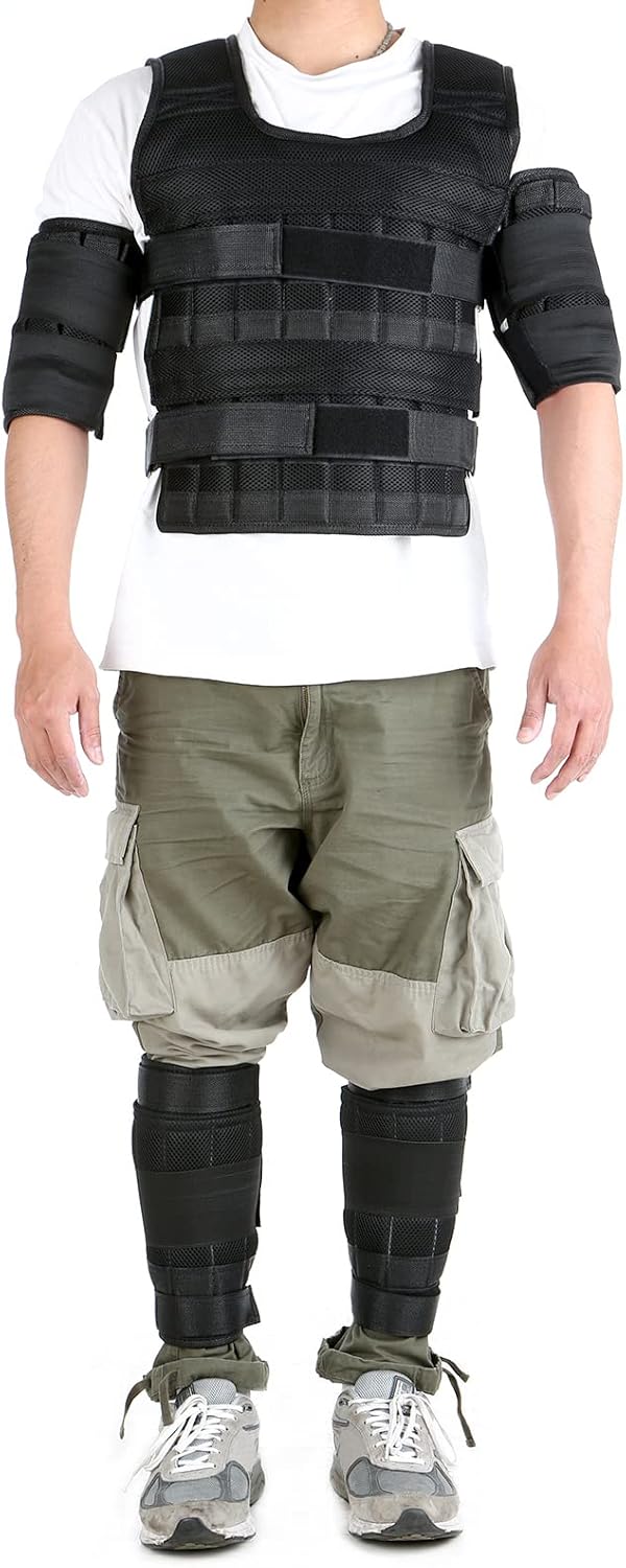 35kg Gewichtsweste mit 6kg Bein- und 5kg Armgewichten, Verstellbare Trainingweste mit 32 Taschen, Me