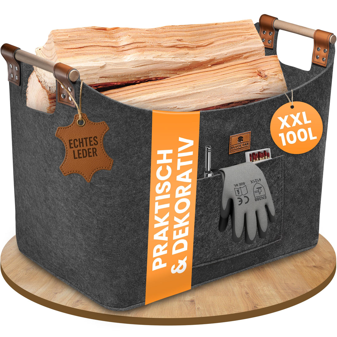 BLACK OAK Holzkorb MONTANA XXL 100L 60x36x45cm Filzkorb für Holz grau | Echt-Leder Applikation + bre