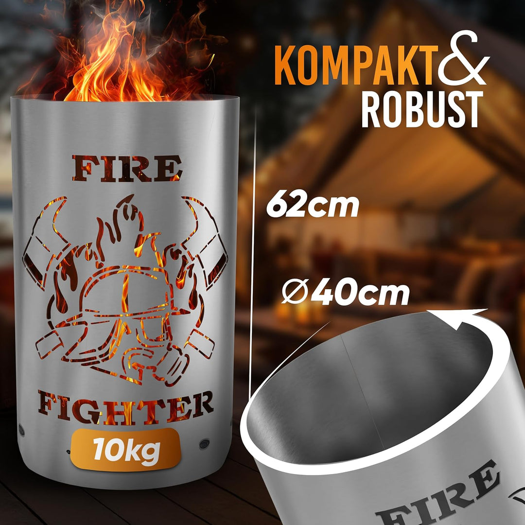 TiKo-Design Feuertonne - Lagerfeuertonne - Feuerkorb mit Firefighter/Feuerwehrmann Motiv – Verleihen