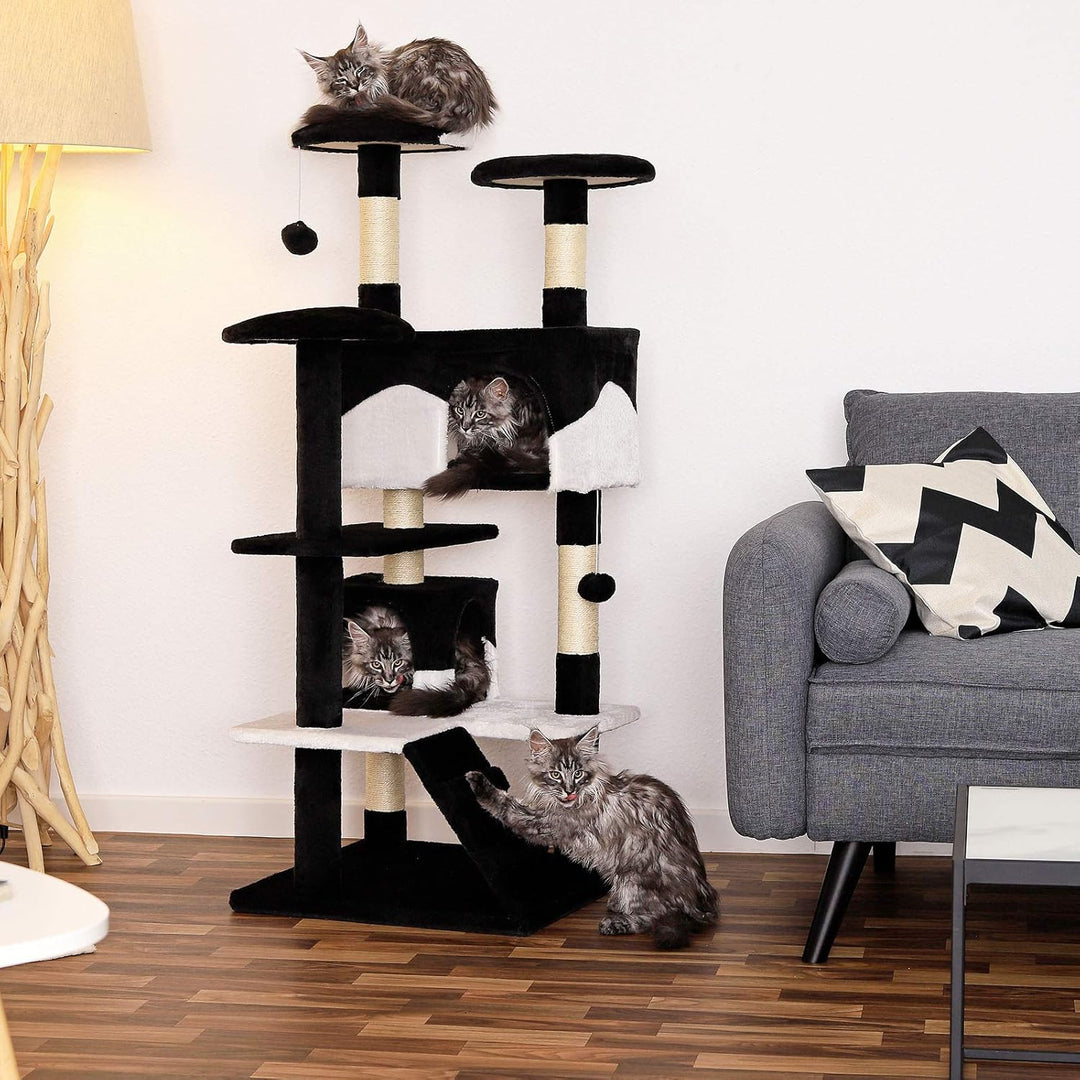 lionto Kratzbaum für Katzen mit 2 Plüschbällen & 3 Plattformen, Höhe 130 cm, Katzenbaum mit Sisal &