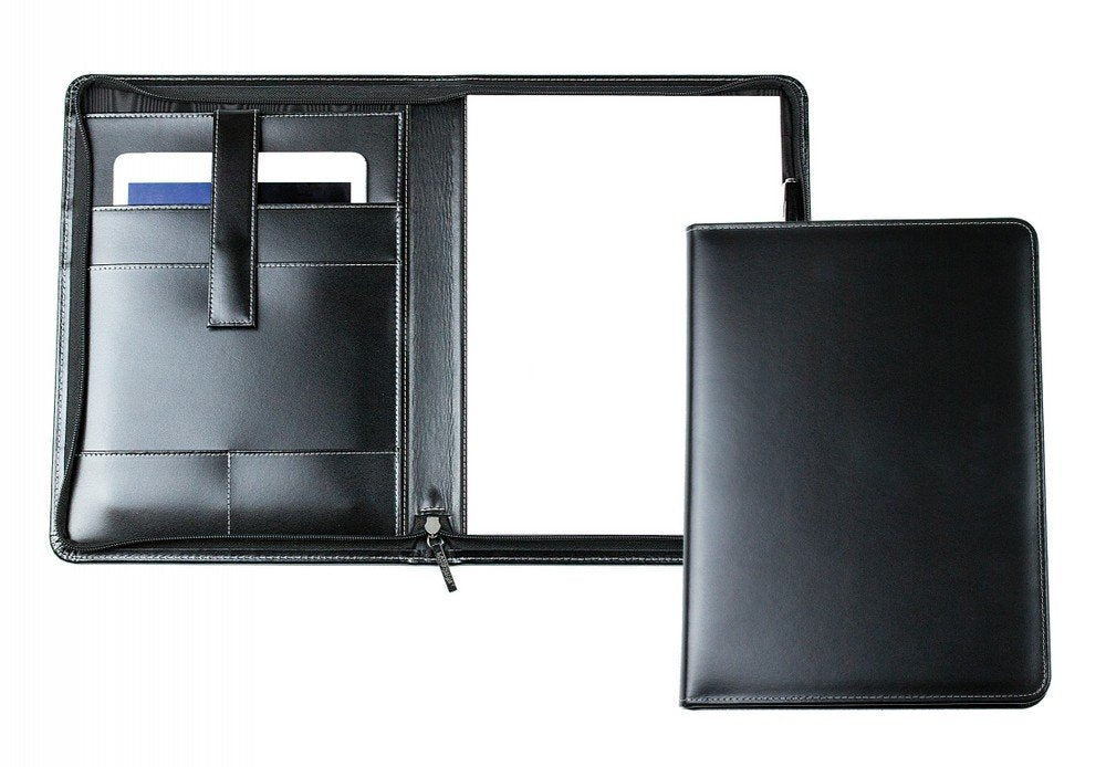 DELMON VARONE - Personalisierbare Tablet Schreibmappe DIN A4 aus Cambridge Top Grain Leder schwarz,