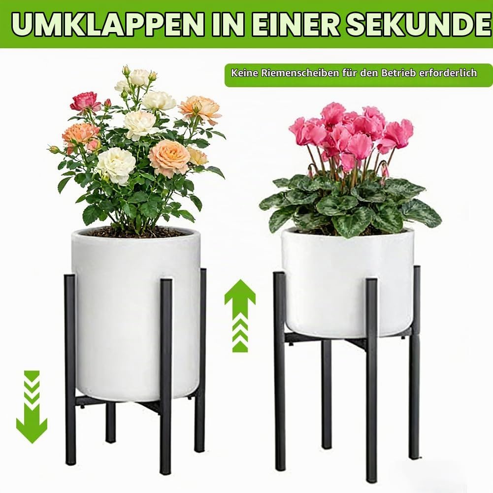 Blumenständer Metall Schwarz Verstellbar mit 4 Rollen, Blumenhocker &amp; Pflanzenständer Hoch für Töpfe